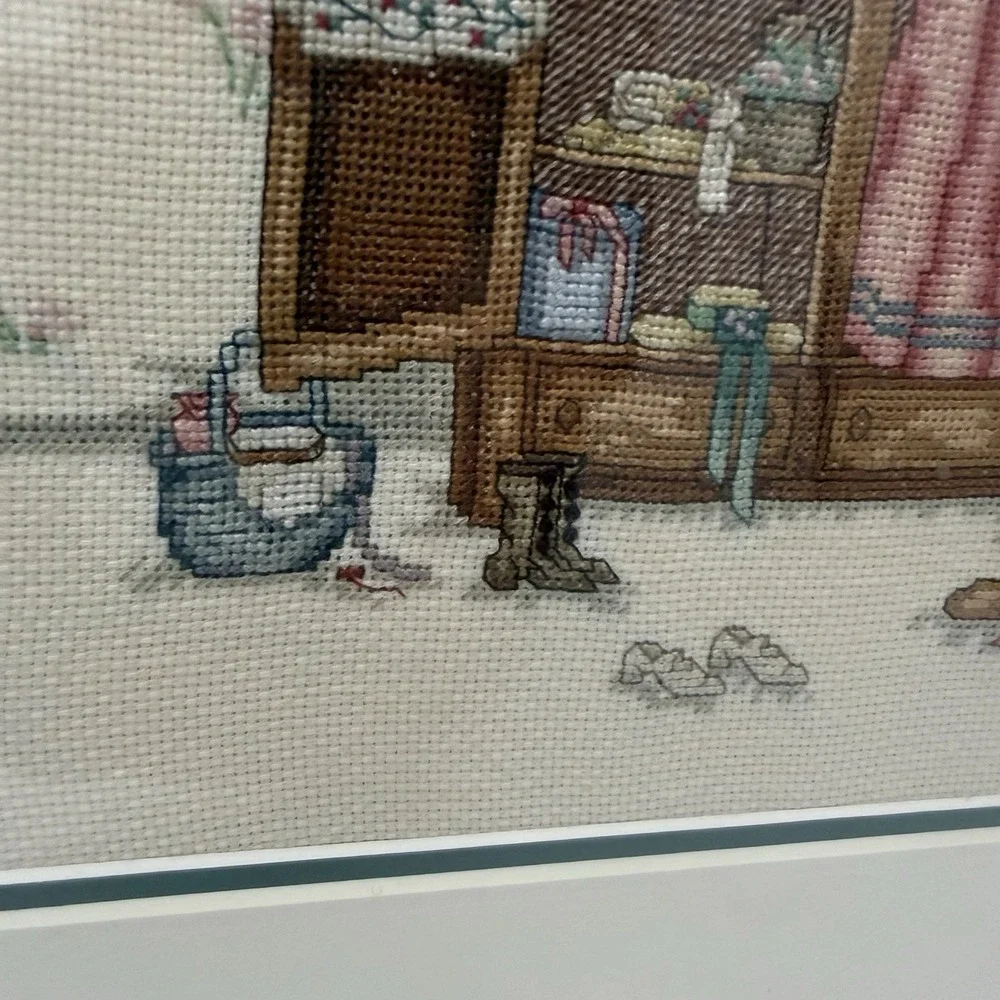Vtg Embroidered Cross Stitched Wall Art Fashion Victorian Decor Matted Framed